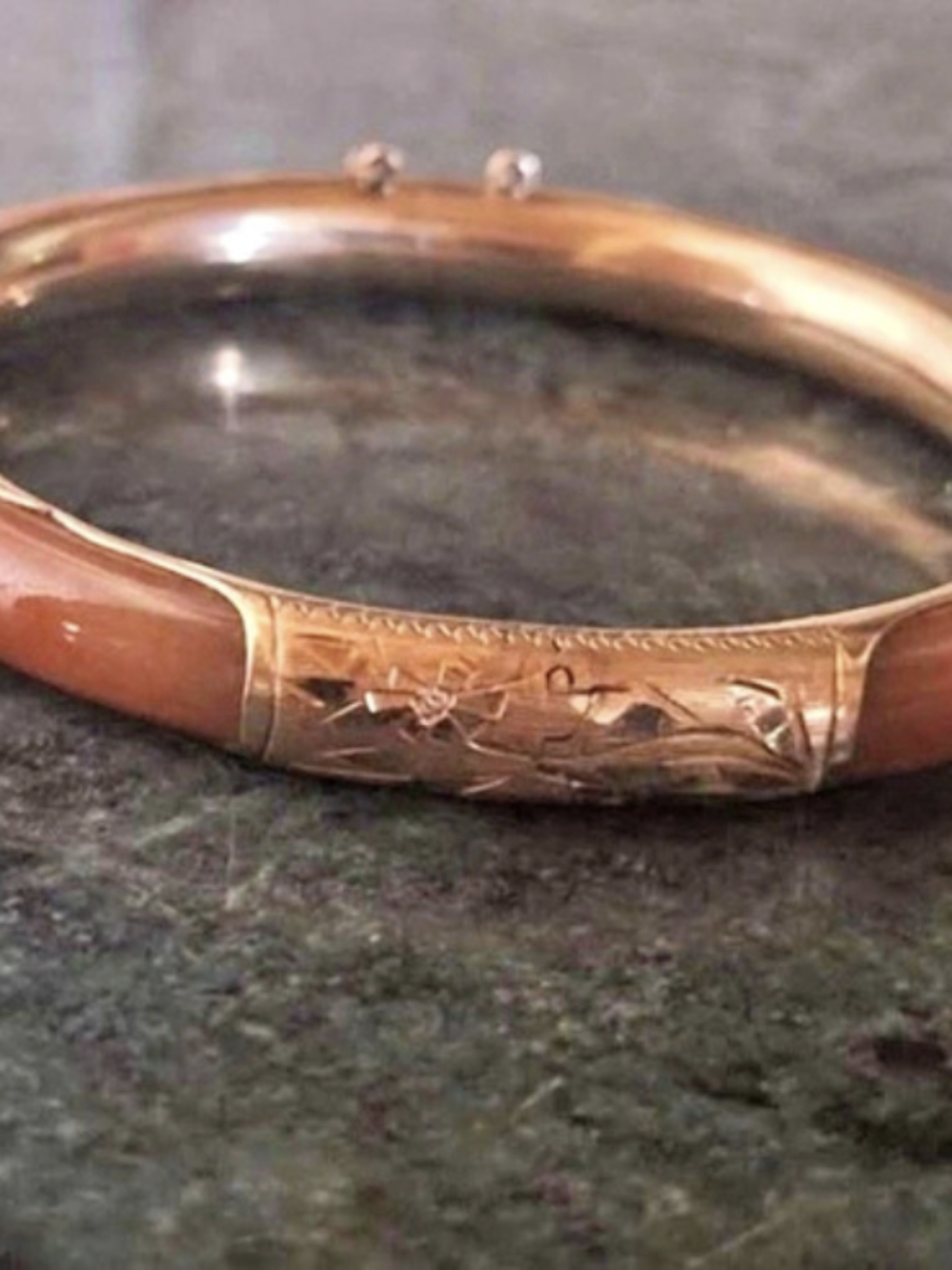 Vintage Orange Jade and Engraved 14k Gold Bangle Bracelet